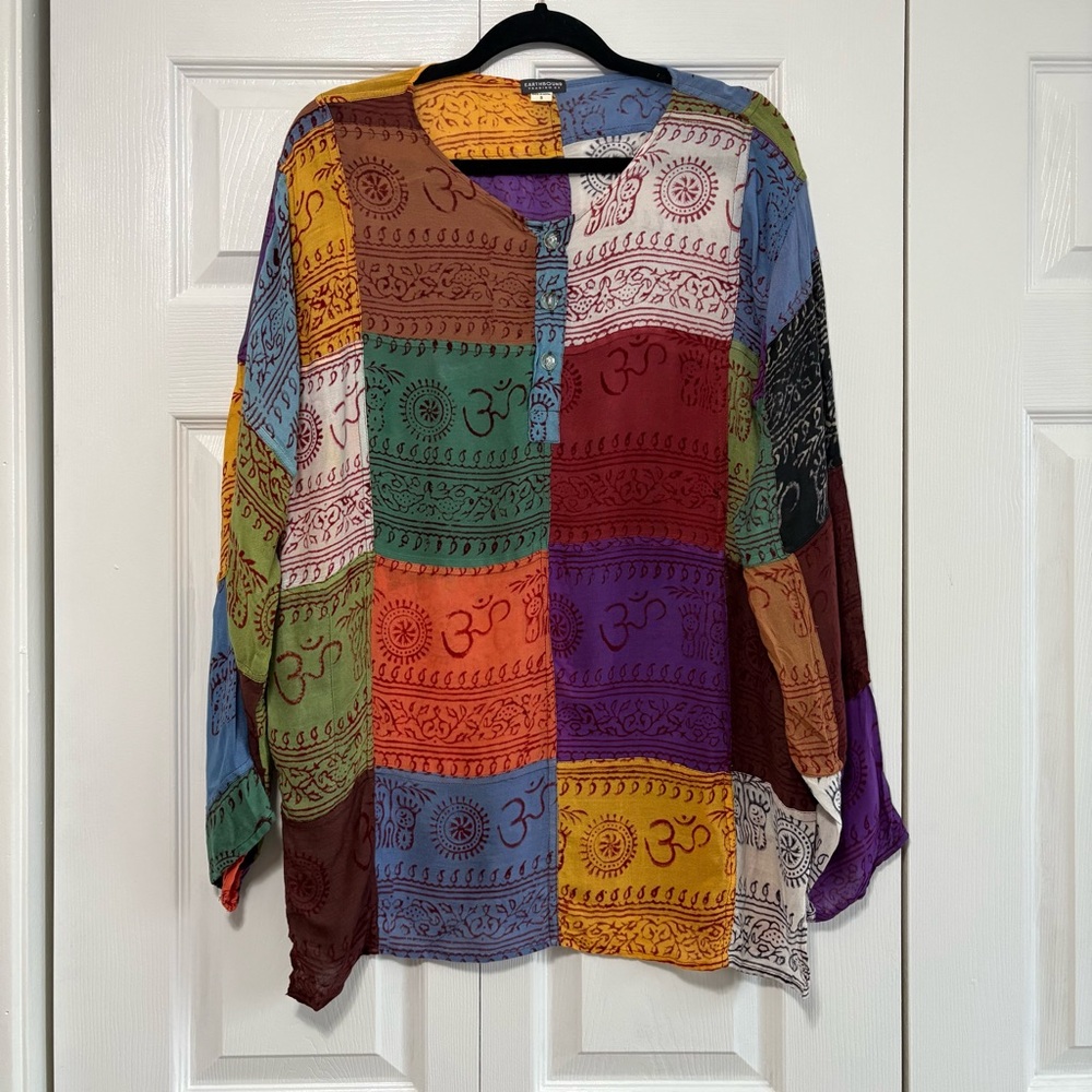 Earthbound Hippie Patchwork Bohemian Tunic Long Sleeve Small BOHO Festival Rayon